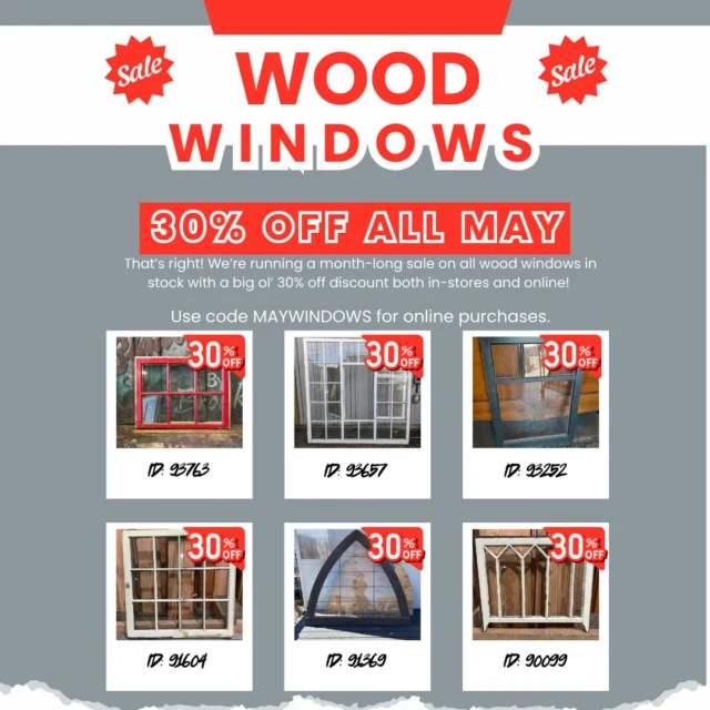 It's gonna be (month-long savings on wood windows in) MAY!The entire month of May, all wood windows in stock are 30% off! What a deal! What can you use wood windows for if you've already got modern vinyl windows in your home? Shelves, cabinet doors, medicine cabinets, garden projects, greenhouses, and tons more fun DIY projects to be done with wood windows and many of them make great home décor on their own.Use code MAYWINDOWS for online purchases.TO ALL WOOD WINDOWS: https://ewsalvage.com/inventory/?category=197Here's a small sampling of what's available.Slide 2Cherry Red 6 Pane Wood Divided Window 28.125 x 21KenmoreID: 93763Was $35, now $24.50!Link: https://ewsalvage.com/inventory/?item=93763-cherry_red_6_pane_wood_divided_window_28.125_x_21Slide 3Large Vintage Wood Window 60 x 60.25SeattleID: 93657Was $275, now $192.50!Link: https://ewsalvage.com/inventory/?item=93657-large_vintage_wood_window_60_x_60.25Slide 4Wood window 4 pane 33 x 23.5SeattleID: 93252Was $40, now $28!Link: https://ewsalvage.com/inventory/?item=93252-wood_window_4_pane_33_x_23.5Slide 512-Pane Wood Window 36 x 36KenmoreID: 91604Was $75, now $52.50!Link: https://ewsalvage.com/inventory/?item=91604-12-pane_wood_window_36_x_36Slide 6Large Arched Leaded Glass Wood WindowKenmoreID: 91369Was $550, now $385!Link: https://ewsalvage.com/inventory/?item=91369-large_arched_leaded_glass_wood_windowSlide 79 Pane Wavy Glass Wood Window 27.75 x 23.75KenmoreID: 90099Was $50, now $35!Link: https://ewsalvage.com/inventory/?item=90099-9_pane_wavy_glass_wood_window_27.75_x_23.75#WoodWindows #Windows #SalvagedWindows #Salvage #DIY #DIYProjectsForHome #Seattle #Kenmore #Aberdeen #Tacoma