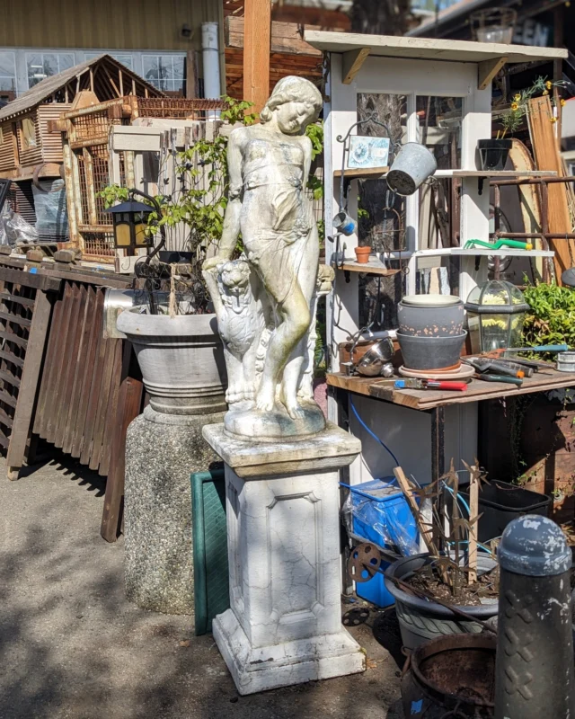 Standing at nearly seven feet tall, this beautifully weathered stone statue depicts a woman with a serene look on her face leaning against a powerful griffin. In a past life, this statue was a water feature, you can give it a new life by making it a beautiful centerpiece to your garden or courtyard! It is all white stone with normal weathering from time outside, with the exception of one brick red panel on the backside of the statue. This came from the beloved Kenmore Italian restaurant Mia Roma, which closed in 2015. We have lots more statues and Roman/Italian decor in our inventory right now, so dive in and get your garden and courtyard looking bello, magnifico, and favoloso🇮🇹Measures 82"H x 18"WSeattleID: 95719$1250You can place a 24 hour hold on this item by calling (206) 624-4510 and requesting a hold on item ID 95719#Italy #Italian #Roma #Roman #Statues #StoneStatues #Garden #Courtyard #Backyard #GardenDecor #HomeDecor #ItalianRestaurant #Kenmore #MiaRoma #Sculpture #WaterFeature #Fountain #Seattle #Salvage #Earthwise