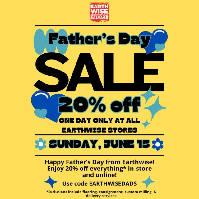 Ties? Watches? Golf balls? Psssh, no way! Your dad deserves something COOLER than that, like one-of-a-kind finds and practical home renovation supplies from Earthwise Salvage! Come save 20% this Sunday!Use code EARTHWISEDADS for online purchases.*Exclusions Apply, discount does not apply to flooring, consignment items, custom milling, or delivery fees.#SALE #FathersDaySale #FathersDay #Dads #DadCore #DadJokes #Hardware #HomeAndGarden #YardandGarden #Salvage #Vintage #Retro #Antique #Furniture #Lighting #Doors #Windows #Lumber #Seattle #Kenmore #Aberdeen #Tacoma