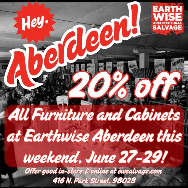 PSSSST! We've got a Grays Harbor County special comin' up this weekend! All furniture and cabinets at our Aberdeen store are 20% off Friday, June 27 - Sunday, June 29! That's right! Check out Aberdeen's cabinets here: https://ewsalvage.com/inventory/?category=90&store=2Use code ABERCABS for 20% off starting FridayCheck out Aberdeen's furniture here: https://ewsalvage.com/inventory/?category=97&store=2&start=0Use code ABERFURNS for 20% off starting FridayHead out to the coast, get some good deals, have a few laughs! #Aberdeen #GraysHarborCounty #WACoast #ComeAsYouAre #Furniture #Chairs #Tables #Armoire #Cabinets #CabinetSets #Storage #KitchenReno #OfficeReno #DIY #DIYrenovation #Sales #Deals #Discounts