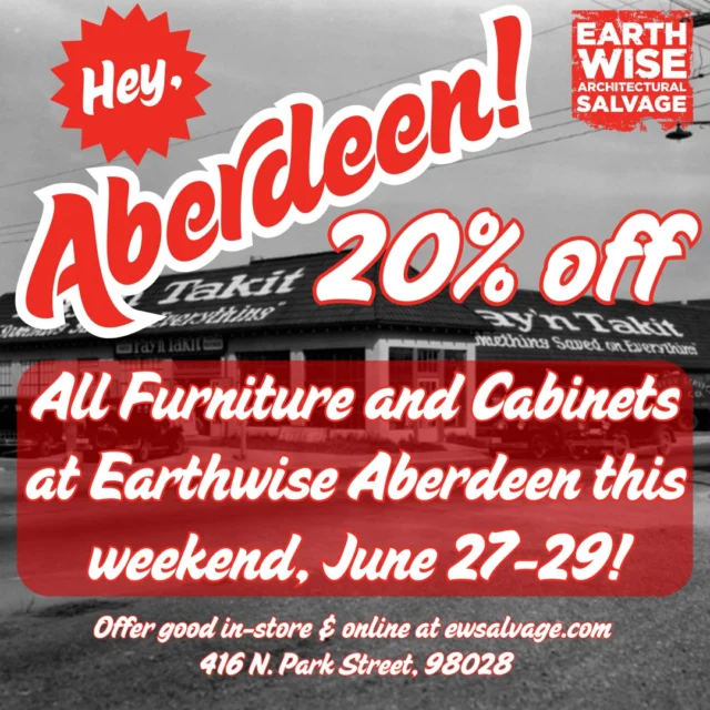 PSSSST! We've got a Grays Harbor County special comin' up this weekend! All furniture and cabinets at our Aberdeen store are 20% off Friday, June 27 - Sunday, June 29! That's right! The items in this post are just a handful of what's available, see links below to check out the full selection!Check out Aberdeen's cabinets here: https://ewsalvage.com/inventory/?category=90&store=2Use code ABERCABS for 20% off starting FridayCheck out Aberdeen's furniture here: https://ewsalvage.com/inventory/?category=97&store=2&start=0Use code ABERFURNS for 20% off starting Friday#Aberdeen #GraysHarborCounty #WACoast #ComeAsYouAre #Furniture #Chairs #Tables #Armoire #Cabinets #CabinetSets #Storage #KitchenReno #OfficeReno #DIY #DIYrenovation #Sales #Deals #Discounts