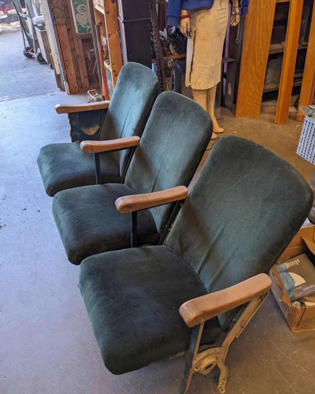 Let's go to the movies! Heartbreak feels GOOD in (theater seats) like these! Plop down in this set of three vintage green velvet theater seats and press play on your favorite films. Or, these would make a beautiful seating area in a lobby or waiting room. Adorned with gold accents on the end of the seats with Grecian adornments and decor. Could use a good steam cleaning to really make the green velvet pop, but are overall in good condition and are super comfy. Don't forget your popcorn!Measures 59.75"W x 31.25"H x 20.5"DSeattleID: 98615$275#TheaterSeats #TheatreSeats #Theatre #Theater #Movies #MoviesTheaters #Vintage #Antique #Retro #VintageTheatreSeats #GreenVelvet #Velvet #Grecian #AMC #HeartbreakFeelsGoodInAPlaceLikeThis #Seattle #Salvage #Earthwise