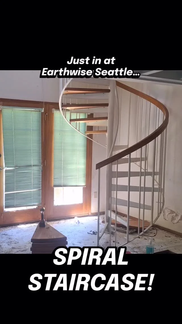 This beautiful spiral staircase features a white metal frame with a wood handrail and sturdy wood steps. This piece is in great condition, is ready for installation, and would make a truly stunning addition to your home. Take a look at our Salvage Crew working hard to remove it from its original space. They work fast, I tells ya!The total height of this piece is 154” but this does not include the decorative end of the railing, and the total width is 64”.The stairs are crafted to fit the staircase perfectly and all stairs are included and are in good condition. They measure 4” at the smallest end and 16” at the widest end, with a total length of 28”. The center pole to the outer railing measures 32” wide and from the bottom of the steps to the top of the railing is 46” tall.Come check it out today at our Seattle store!Measures 64”W x 154”HSeattleID:$2750You can place a 24 hour hold on this item by calling (206) 624-4510 and requesting a hold on item ID 98783More info: https://ewsalvage.com/inventory/?item=98783-spiral_staircase_64_x_154#Staircase #SpiralStaircase #Sprial #SpiralOut #CustomStaircase #Stairs #SpiralStairs #CustomHomes #Designer #Fancy #Whimsical #InteriorDesign #Modern #Contemporary #HomeDecor #Seattle #Salvage #Earthwise